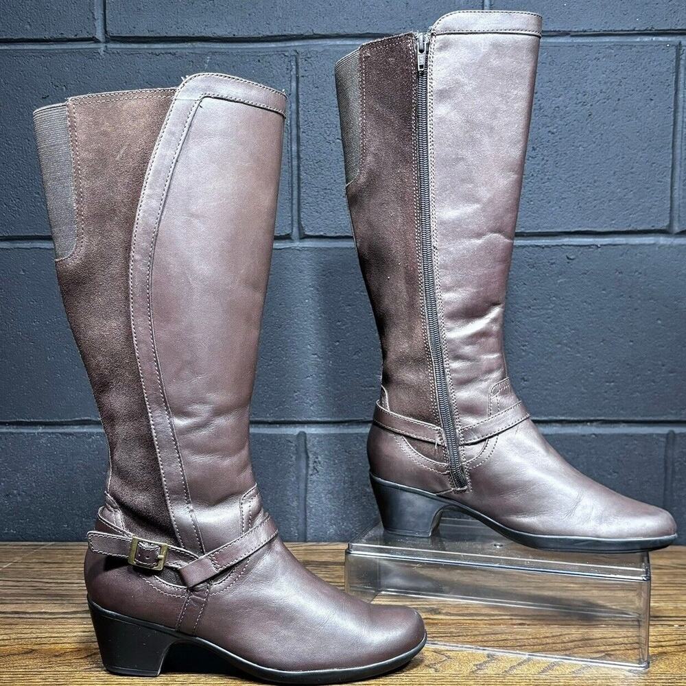 Clarks Bendables Knee High Riding Boots Women’s 8 Brown Leather Wide Calf Zip